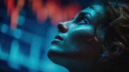 Close-up of a woman looking up with a mix of blue and red lights in the background