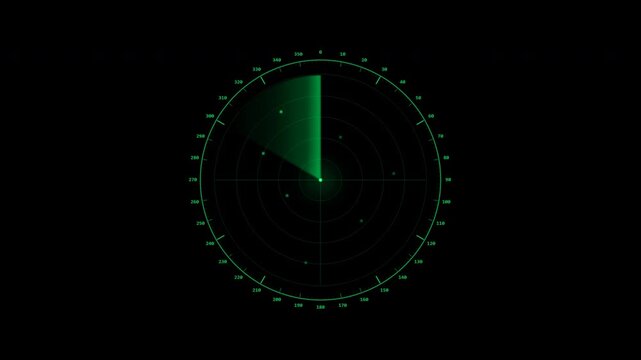 Green digital radar interface with rotating sweep and object detection indicators featuring circular grid and degree markers on isolated black background for overlay use
