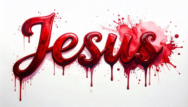 Red, stylized "Jesus" lettering with dripping paint and splash effect, against white