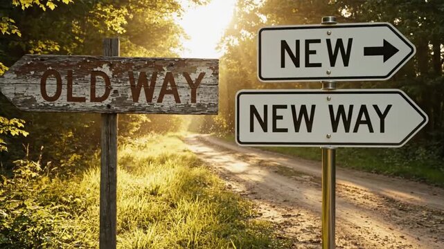 A video shows a fork in the road with signs pointing to the old way and new way. Old vs New way change plan Footage