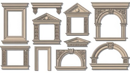 Collection of decorative window and door frames in classic architectural styles