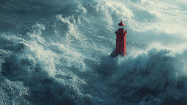 Large ocean waves and a red lighthouse during a powerful storm in the ocean