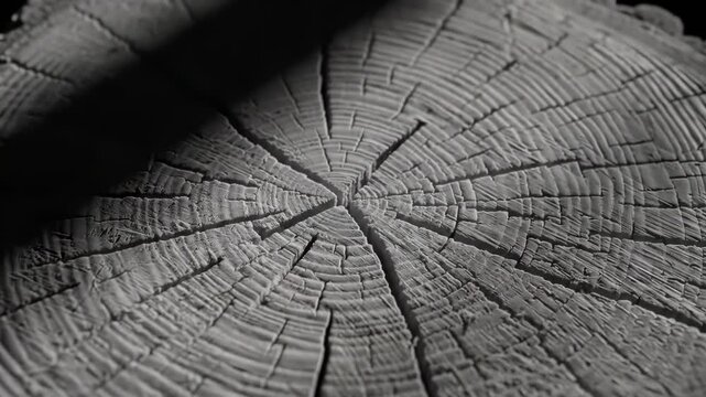 Close-up of a tree trunk cross-section with visible growth rings and cracks in black and white.