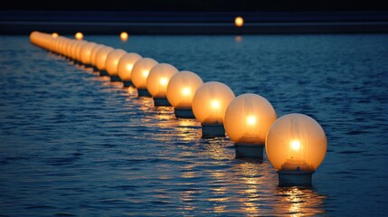 A line of glowing spherical lights floats on the water at night creating a warm illuminated path