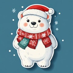 Cheerful Polar Bear in Christmas Hat and Scarf