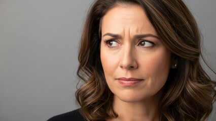  Middle-aged woman with suspicious and skeptical facial expression, furrowed brow on grey background (संदेहपूर्ण महिला)