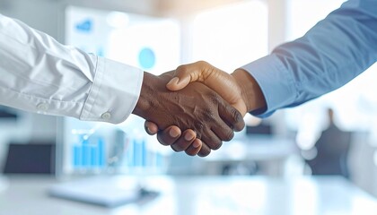 Close-up of two people in business attire shaking hands, a deal is sealed