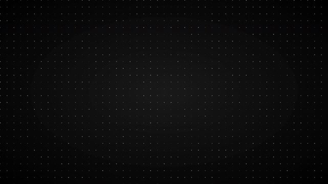 Minimalist grid pattern of small white dots with a subtle pulsing and shimmering effect arranged in a uniform symmetrical layout on a dark charcoal background for video
