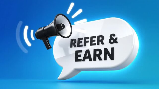 A video showcasing a megaphone and speech bubble with Refer & Earn text on a blue background Old vs New way change plan Footage