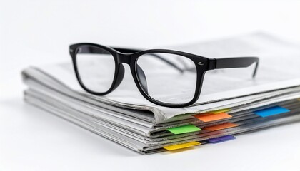Eyeglasses atop a stack of newspapers with colorful page markers on a white surface
