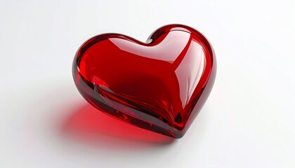 A glossy, ruby red heart-shaped object on a stark white background, well-lit