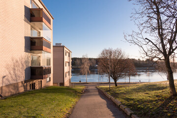 Bank of Kemijoki River in the city of Rovaniemi. Lapland, Finland.