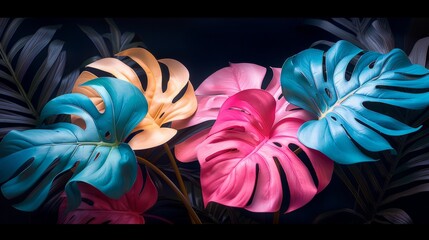 Monstera illustration single arrangement, turquoise and pink, love and romance, white and muted yellow, tender expressions, black background