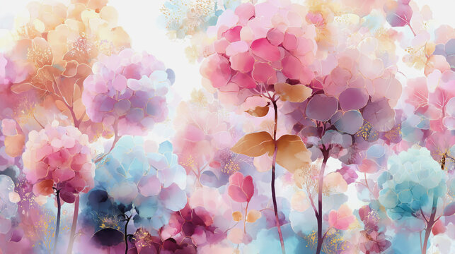 watercolor botanical Hydrangea flowers texture template background.Elegant wedding invitation card background . Minimal hand painted Design for wedding or Valentine's Day