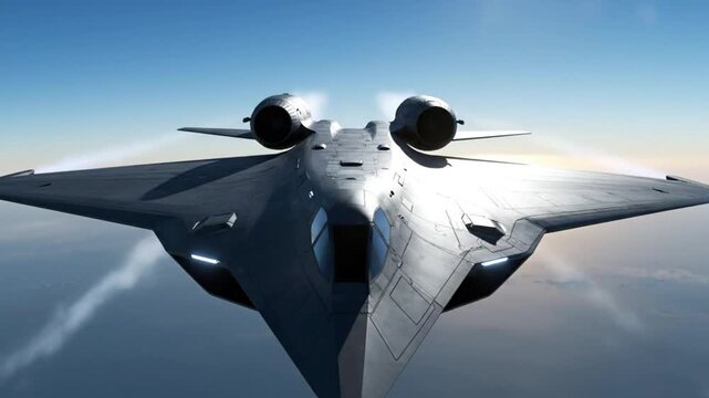 A stealth fighter jet flying through a clear blue sky in a video Old vs New way change plan Footage