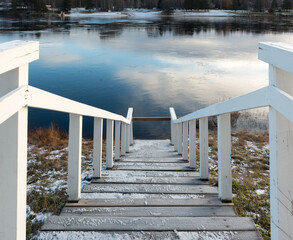 Bank of Kemijoki River in the city of Rovaniemi. Lapland, Finland.