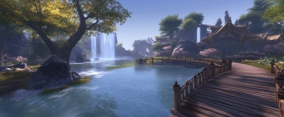 Serene Fantasy Landscape with Cascading Waterfall, Wooden Bridge, and Elven Village