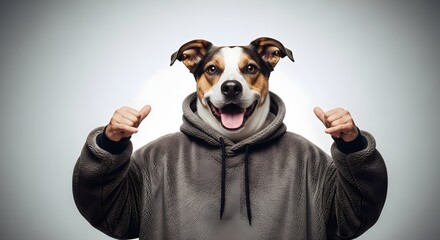 Delightful dog wearing a cozy hoodie giving a double thumbs-up with a wide, happy smile, radiating warmth and contentment against a clean grey background