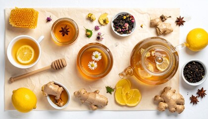 Overhead view of tea arrangement with honey, lemon, ginger, and various loose leaf teas