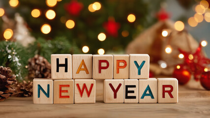 Happy New Year on wooden cubes