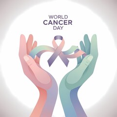 World Cancer Day concept with stylized hands gently cradling a colorful awareness ribbon against a bright background.