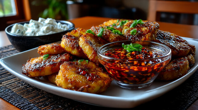 Plate with plantain patacones and fresh cheese and chili sauce for dipping