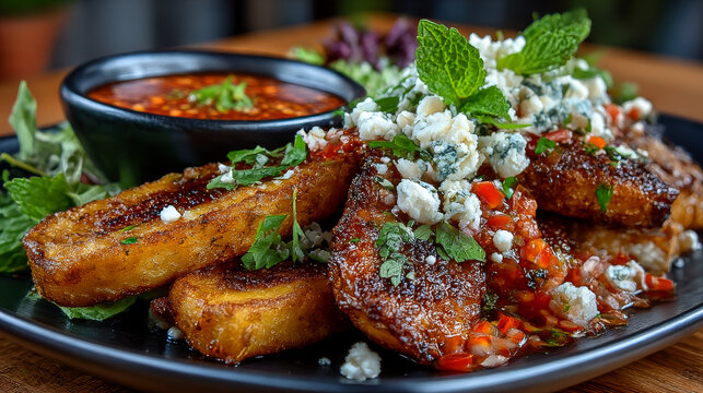 Plate with plantain patacones and fresh cheese and chili sauce for dipping