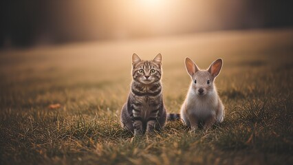 Adorable kitten and small rabbit sitting together in a grassy field during golden hour with soft, warm lighting and a blurred background