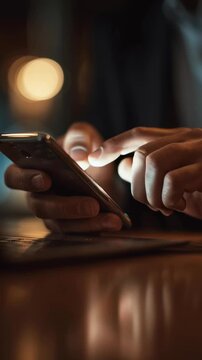 A man is using his cell phone in a dimly lit room. Concept of solitude and introspection, as the man is focused on his phone rather than engaging with his surroundings