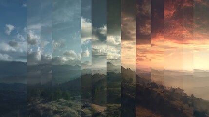 Multiple exposure of mountain landscape with varying sky and cloud formations at different times of day