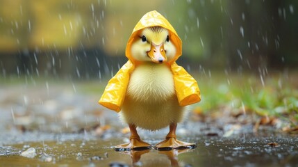 Adorable Duckling in Yellow Raincoat Standing Happily in Puddle During Rain