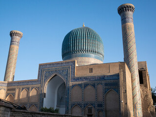 Gur-e-Amir Mausoleum. The tomb of Timur. View on dome with two minarets in Samarkand (Uzbekistan). Not AI