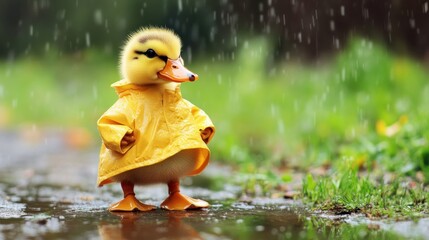 Adorable Duckling in Yellow Raincoat Stands Proudly in the Rain, Outdoors.