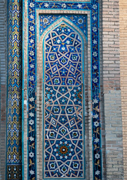 Decorative mosaic wall of entrance portal to Gur-e-Amir Mausoleum in Samarkand (Uzbekistan). Not AI