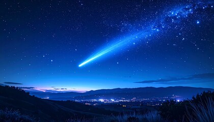 A bright comet streaks across a deep blue night sky over a distant town and mountain range