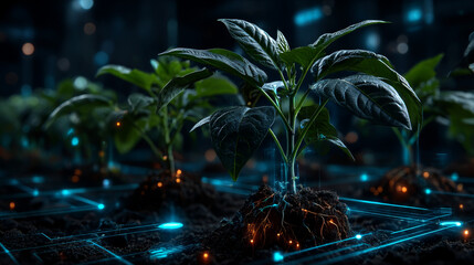 Young plants or growing seeds.Cultivation or farming with agricultural, green technology.Low poly wireframe.Hi-tech Abstract technology background.Vector illustration.