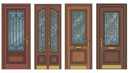 Wooden doors set ornate glass panels brass hardware classic design home exterior entrance