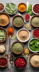 An overhead view of a variety of colorful spices and herbs arranged in small bowls and spoons, creating a visually appealing culinary composition