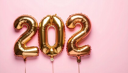 Gold foil balloons shaped as "202", on pink backdrop, angled light