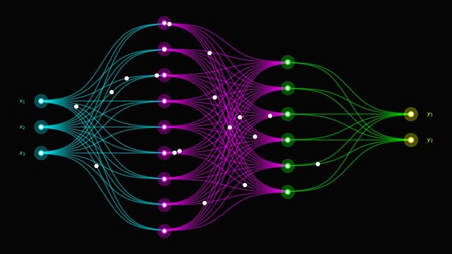 Deep Learning Neural Network Animation with Input Hidden Output Layers, AI Algorithm Visualization, Machine Learning Data Processing Concept for Science, Technology and Education Use
