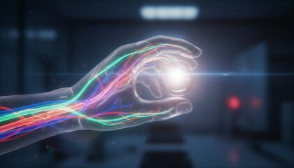 Futuristic transparent hand holding a bright energy sphere with glowing veins