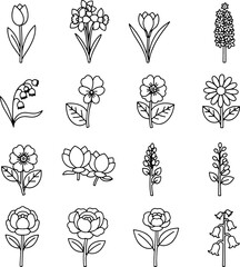 Minimal Spring and Summer Flower Vector Icons Black and White Line Art for Floral Design and Decoration