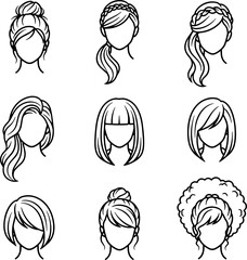 Minimal Female Hairstyle Vector Icons  Black & White Line-Art for Haircuts and Fashion Design