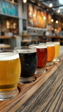The beer flight lineup features sample glasses of several craft beers for enjoyable sampling.