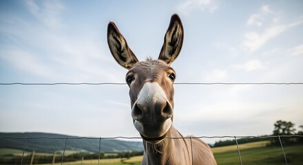 Curious farm donkey with prominent ears looking directly at the camera, peering through a wire fence against a bright, sunlit rural background
