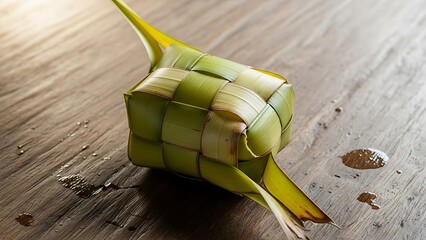 Traditional Southeast Asian snack wrapped in banana leaf on wooden surface.