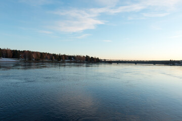 Bank of Kemijoki River in the city of Rovaniemi. Lapland, Finland. 