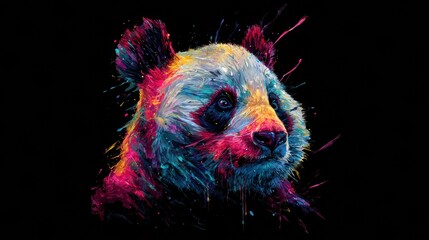 Neon-colored panda portrait in vivid rainbow hues