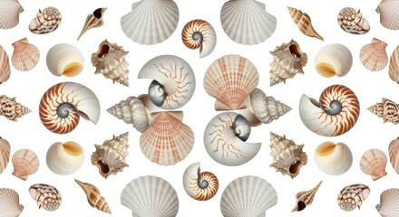 Seashells Pattern Background - Nautilus, Scallop, Cone Shells on White