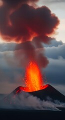 Fiery eruption of a volcano spewing molten lava and ash into a dramatic cloudy sky, showcasing the raw power of nature